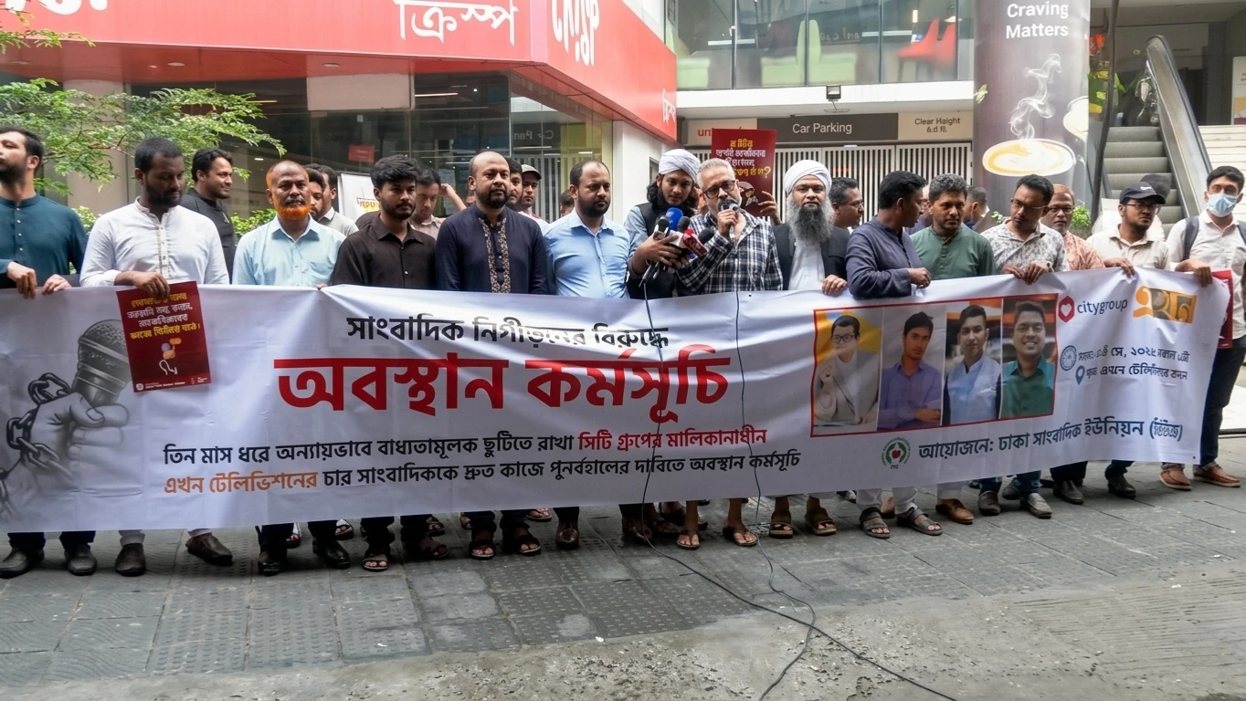 ‘এখন টিভি’র চার সাংবাদিককে চাকরিচ্যুতির প্রতিবাদে মানববন্ধন ও অবস্থান কর্মসূচি